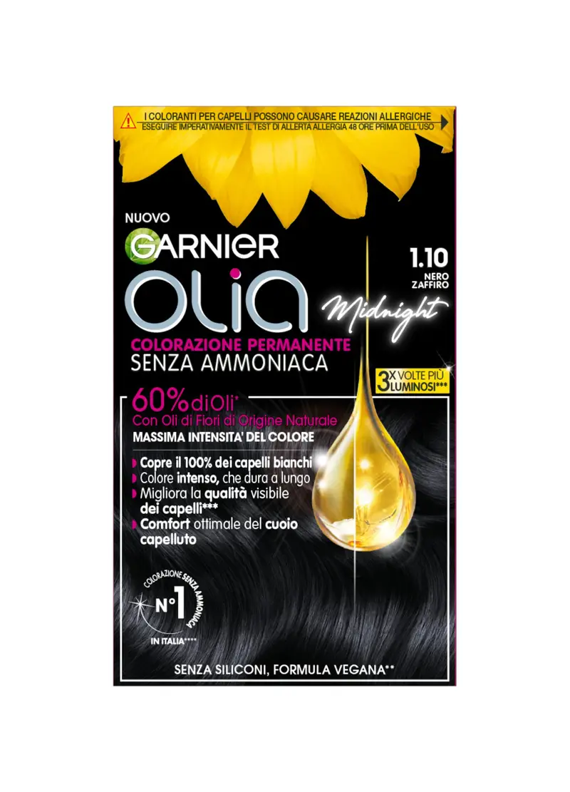 OLIA', Garnier Tinta Capelli Olia, Colorazione Permanente Senza Ammoniaca, Copre Il 100% Dei Capelli Bianchi, Con Oli Di Fiori Di Origine Naturale, Nero Zaffiro (1.10)., Donna, 1.10 Nero Zaffiro, Taglia: FASUL