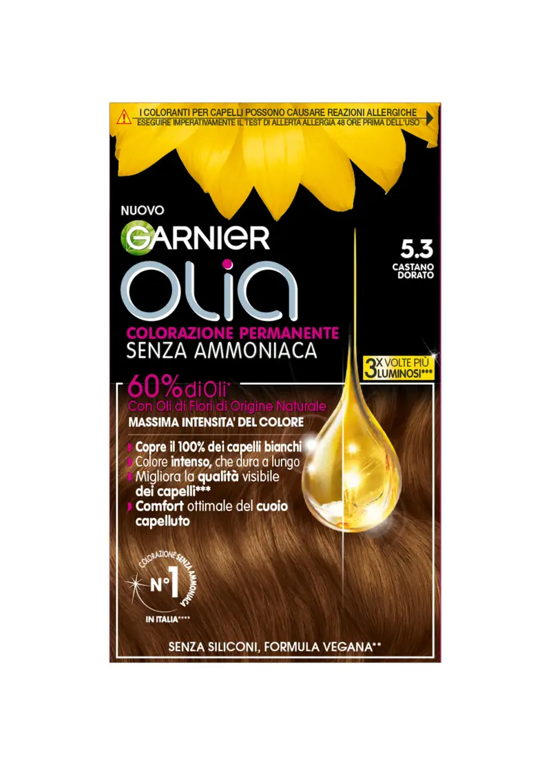 OLIA', Garnier Tinta Capelli Olia, Colorazione Permanente Senza Ammoniaca Per Una Fragranza Delicata, Copre Il 100% Dei Capelli Bianchi, Con Oli Di Fiori Di Origine Naturale, Castano Dorato (5.3)., Donna, 5.3 Castano Dorato, Taglia: FASUL