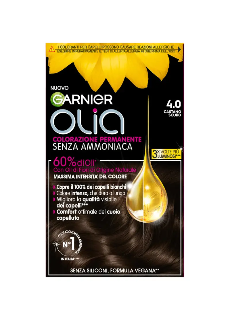 OLIA', Garnier Tinta Capelli Olia, Colorazione Permanente Senza Ammoniaca Per Una Fragranza Delicata, Copre Il 100% Dei Capelli Bianchi, Con Oli Di Fiori Di Origine Naturale, Castano Scuro (4.0)., Donna, 4.0 Castano Scuro, Taglia: FASUL