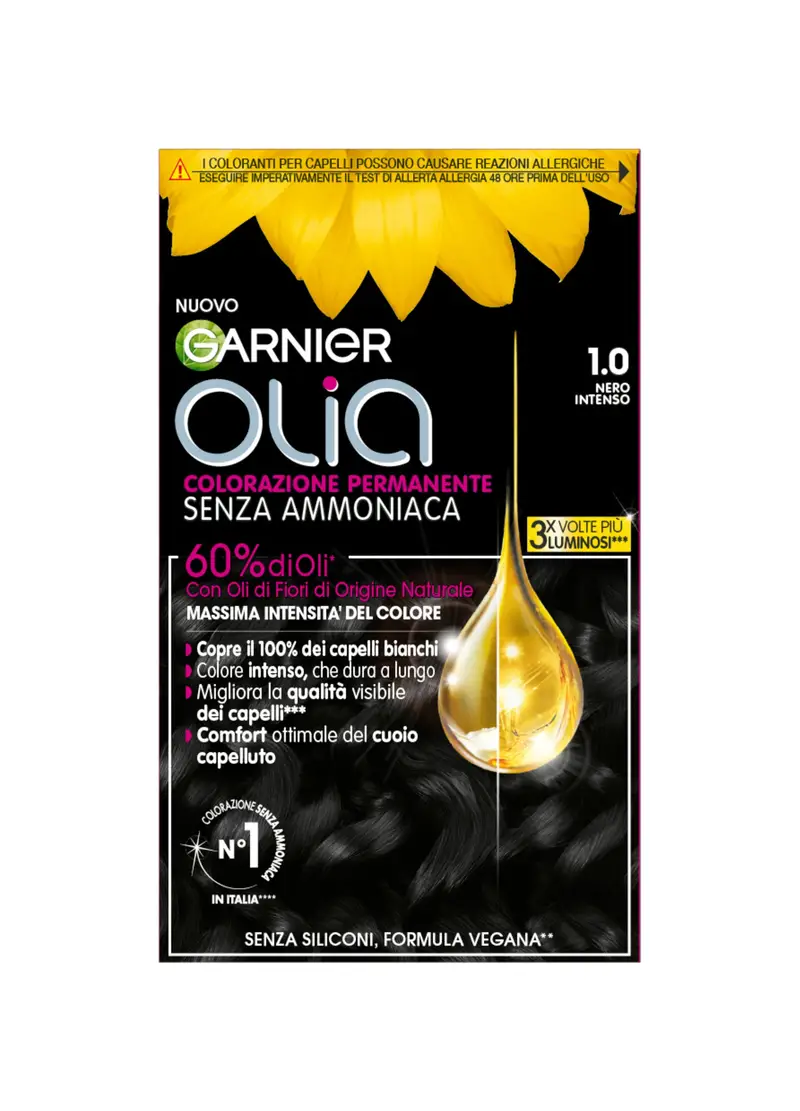 OLIA', Garnier Tinta Capelli Olia, Colorazione Permanente Senza Ammoniaca Per Una Fragranza Delicata, Copre Il 100% Dei Capelli Bianchi, Con Oli Di Fiori Di Origine Naturale, Nero Intenso (1.0)., Donna, 1.0 Nero intenso, Taglia: FASUL
