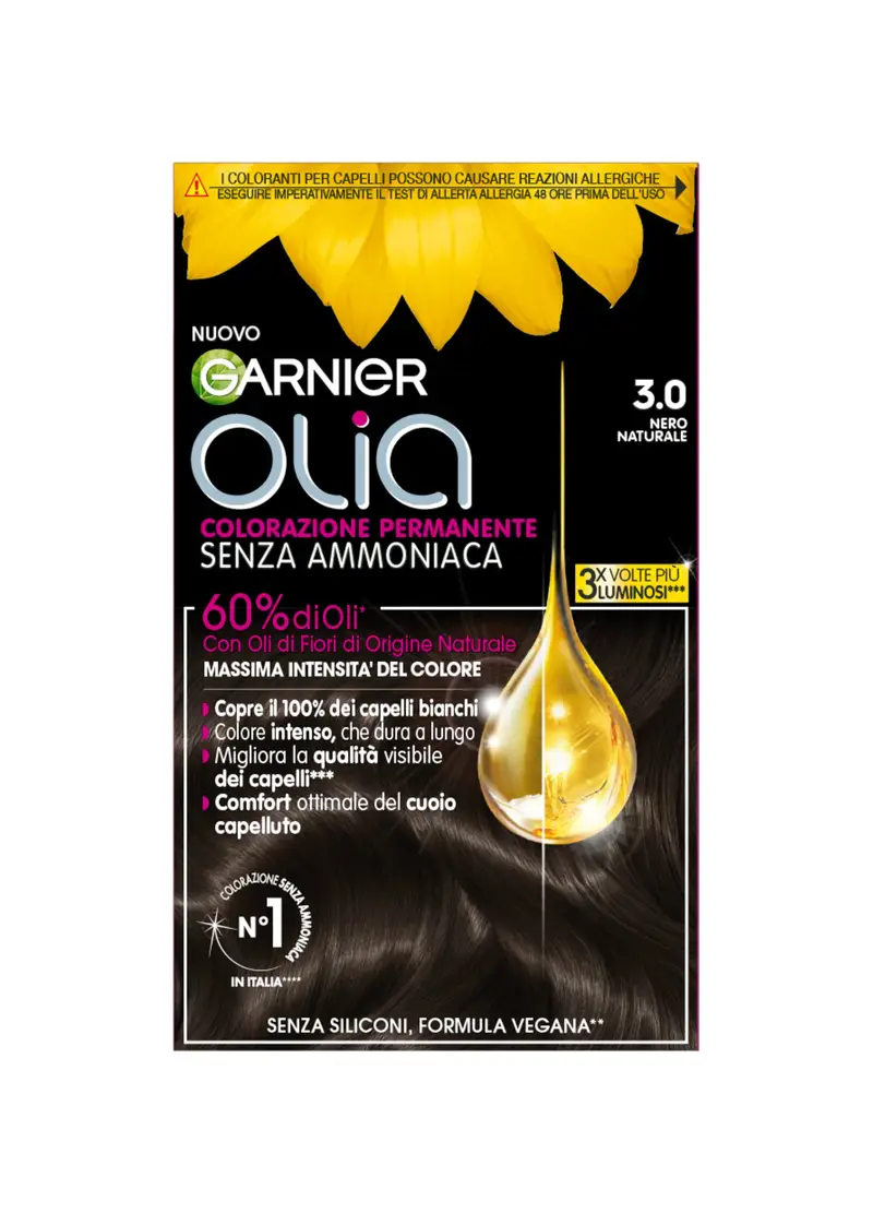 OLIA', Garnier Tinta Capelli Olia, Colorazione Permanente Senza Ammoniaca Per Una Fragranza Delicata, Copre Il 100% Dei Capelli Bianchi, Con Oli Di Fiori Di Origine Naturale, Nero Naturale (3.0)., Donna, 3.0 Nero Naturale, Taglia: FASUL