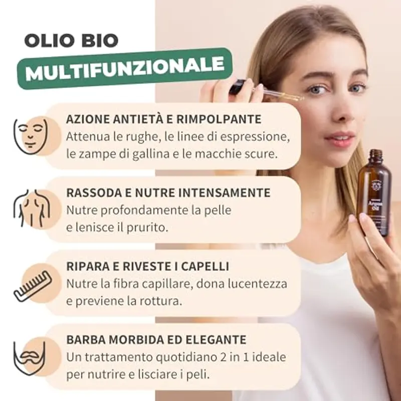Olio di Argan Biologico 50ml - 100% Puro, Naturale e Pressato a Freddo - Viso, Corpo, Capelli, Barba, Unghie - Vegan e miniatura 3
