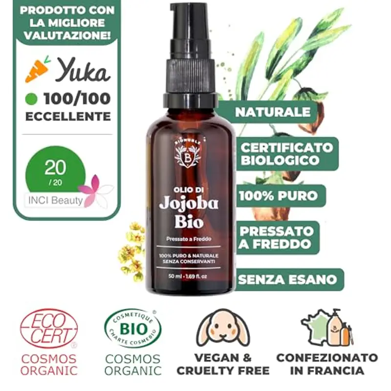 Olio di Jojoba Biologico 50ml - 100% Puro, Naturale e Pressato a Freddo - Viso, Corpo, Capelli, Barba, Unghie - Vegan e miniatura 2