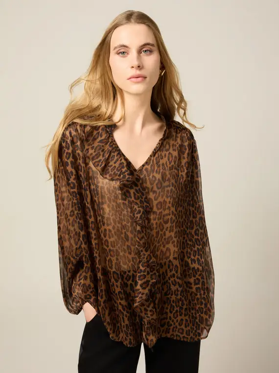Blusa animalier con volant Donna, Marrone