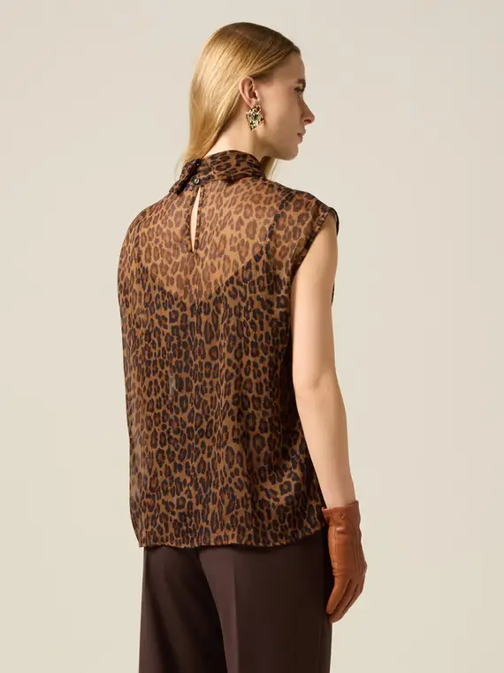 Blusa animalier in tessuto crêpe Donna, Marrone miniatura 2