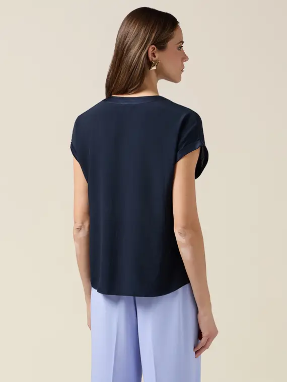 Blusa bimaterica con maniche a kimono Donna, Blu miniatura 2
