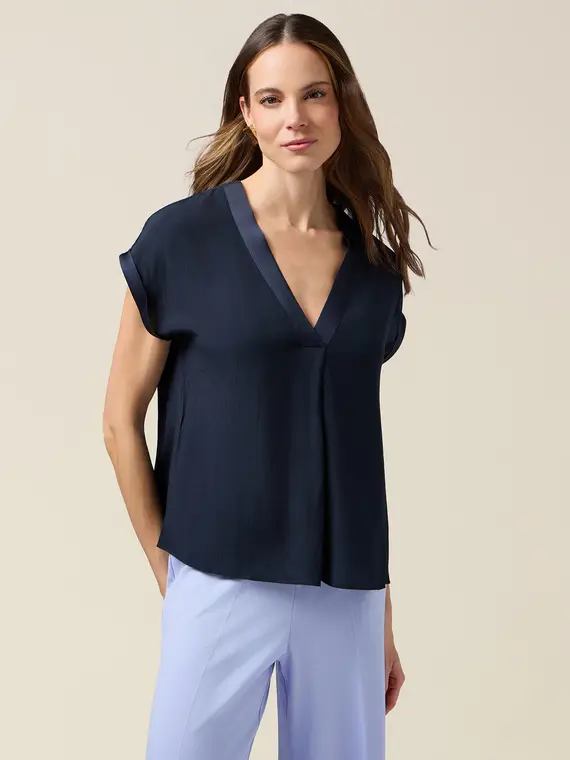Blusa bimaterica con maniche a kimono Donna, Blu