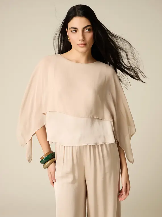Blusa bimaterica con sovrapposizione Donna, Beige