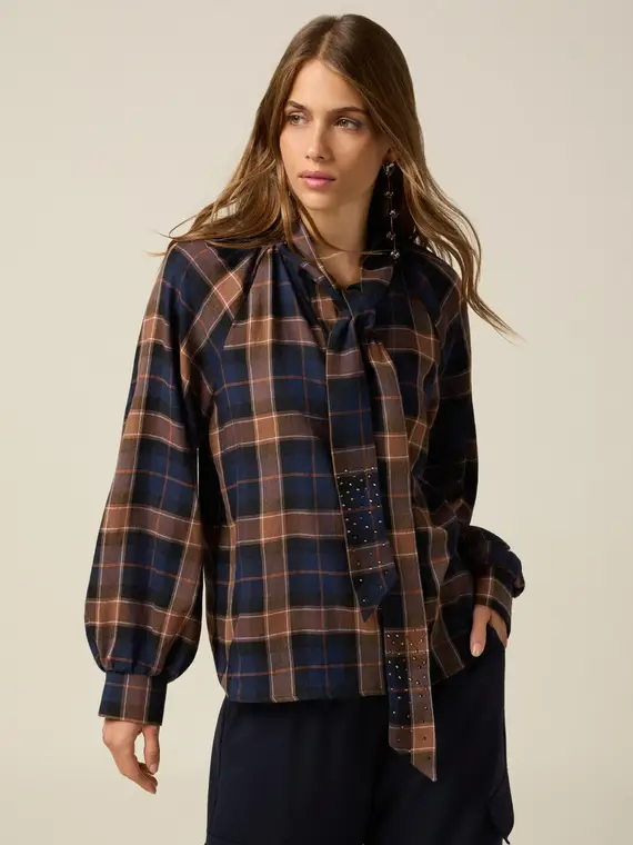 Blusa check con fiocco Donna, Marrone