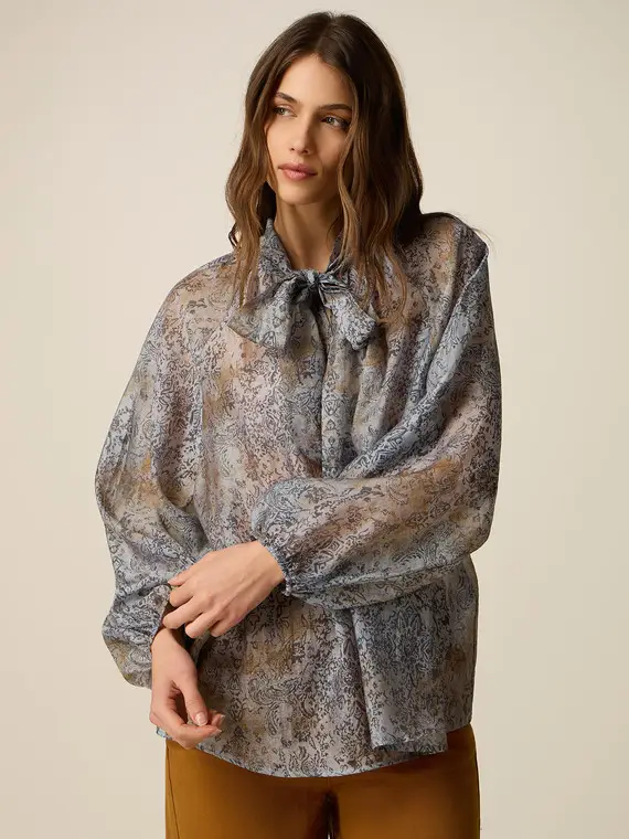 Blusa fantasia con fiocco Donna, Azzurro