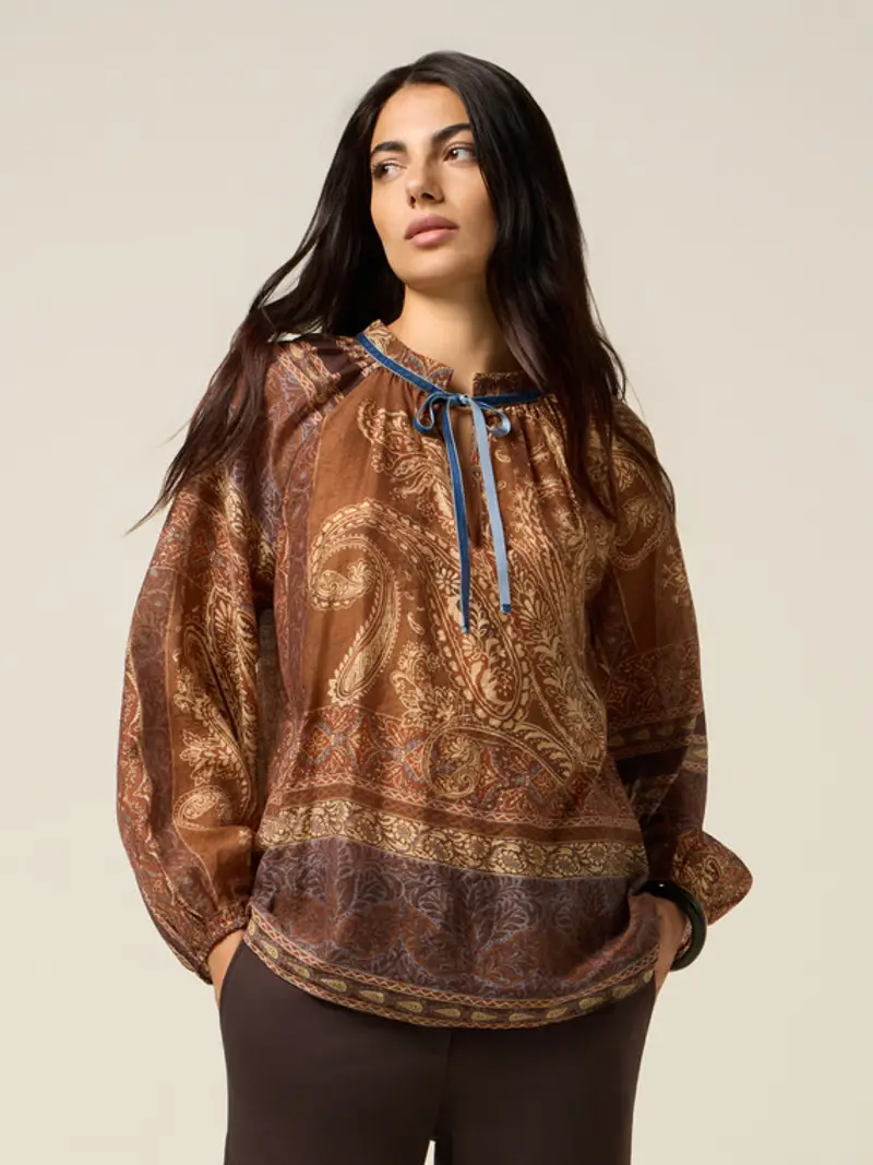 Blusa fantasia con fiocco Donna, Marrone