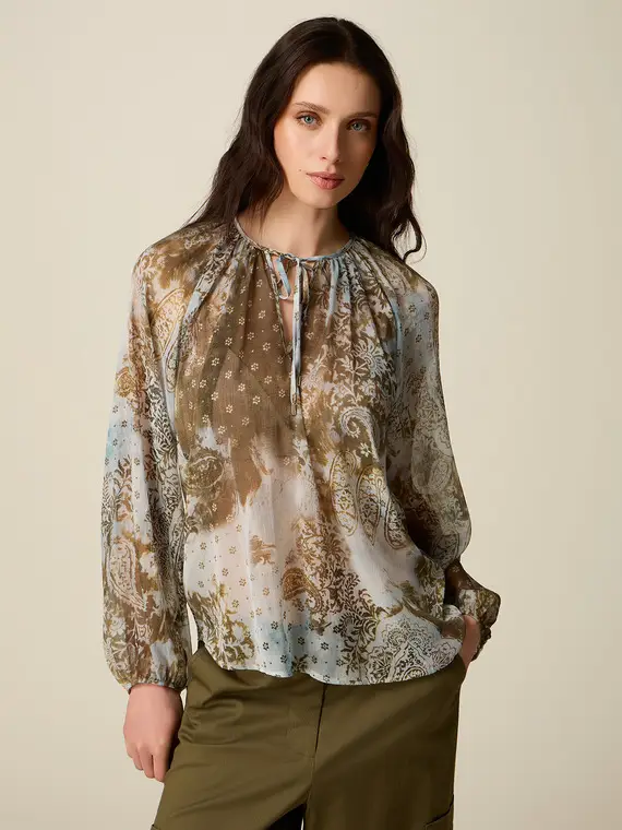 Blusa fantasia con maniche lunghe Donna, Marrone