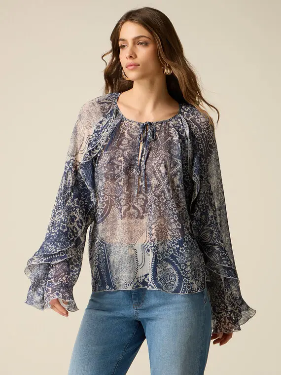 Blusa fantasia con volant Donna, Blu