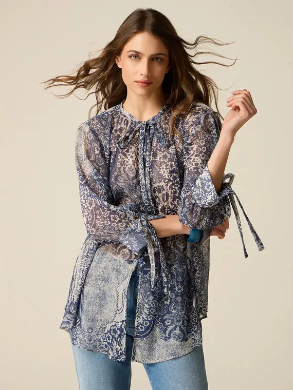 Blusa in fantasia con fiocchi Donna, Blu