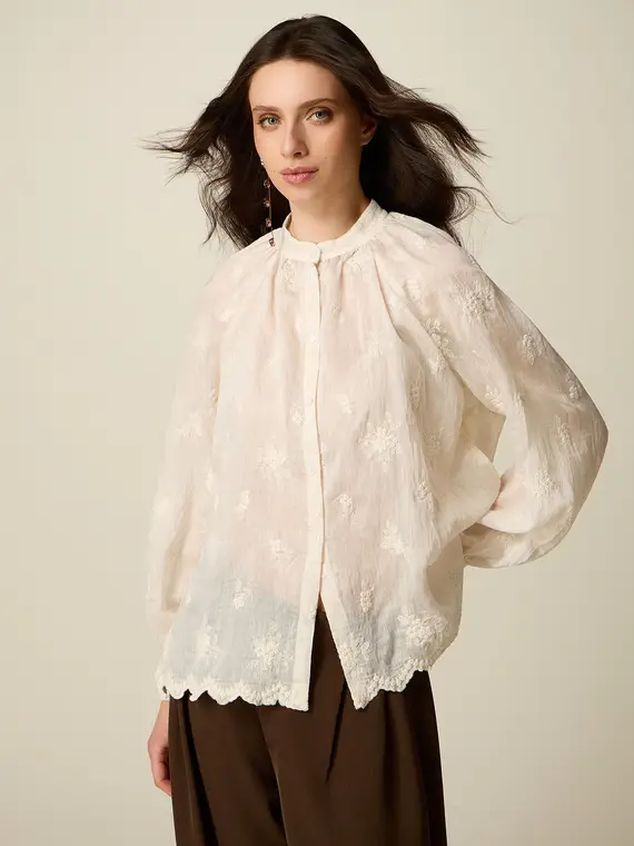 Blusa in mussola con ricamo Donna, Bianco