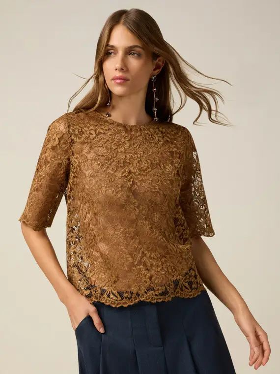 Blusa in pizzo con maniche al gomito Donna, Marrone