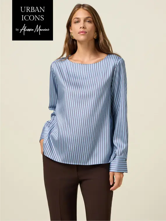 Blusa in raso a righe Donna, Azzurro