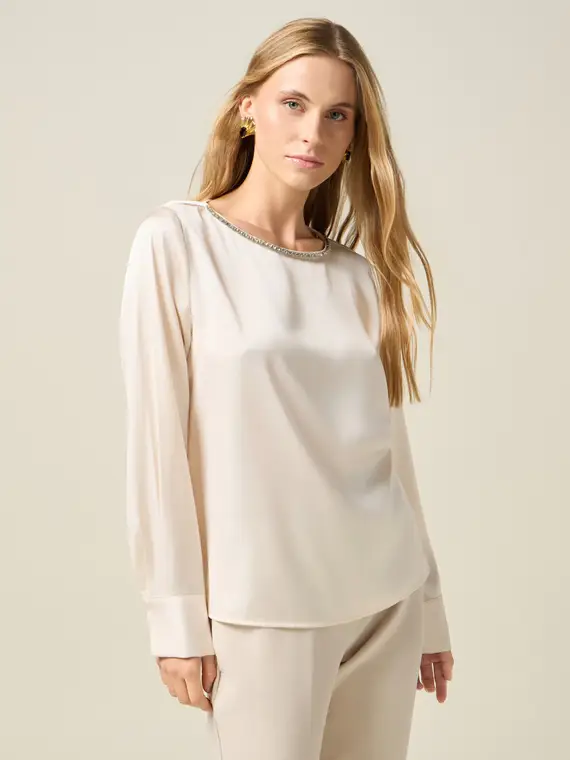 Blusa in raso con castoni Donna, Bianco