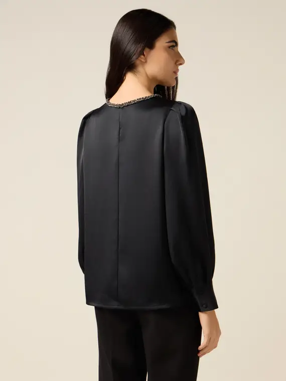 Blusa in raso con dettaglio gioiello Donna, Nero miniatura 2