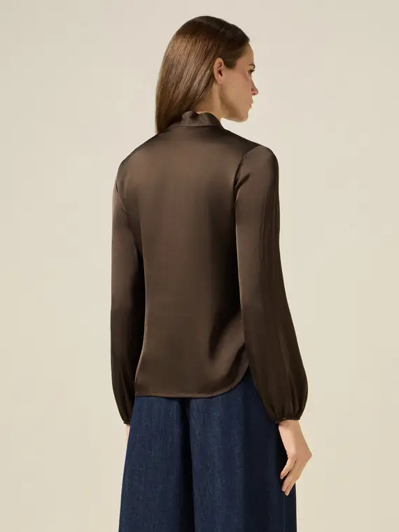Blusa in raso con fiocco al collo Donna, Marrone miniatura 2