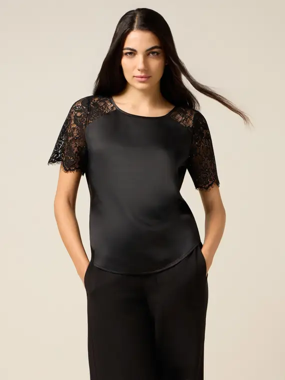 Blusa in raso con parti in pizzo Donna