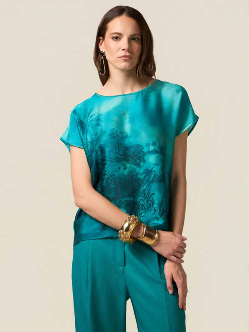 Oltre - Blusa in raso fantasia Donna, Azzurro Taglia: S