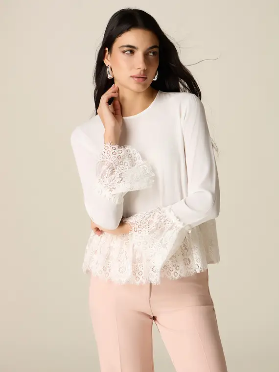 Blusa in viscosa con dettagli in pizzo Donna, Bianco