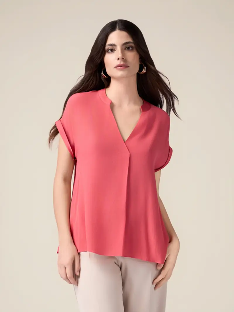 Oltre - Blusa in viscosa con profili in raso Donna, Rosso Taglia: M