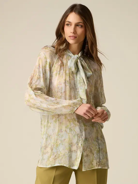 Blusa in viscosa plissé con fiocco Donna, Azzurro +