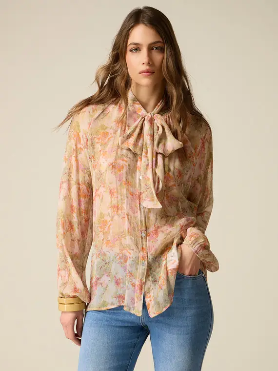 Blusa in viscosa plissé con fiocco Donna, Rosa +