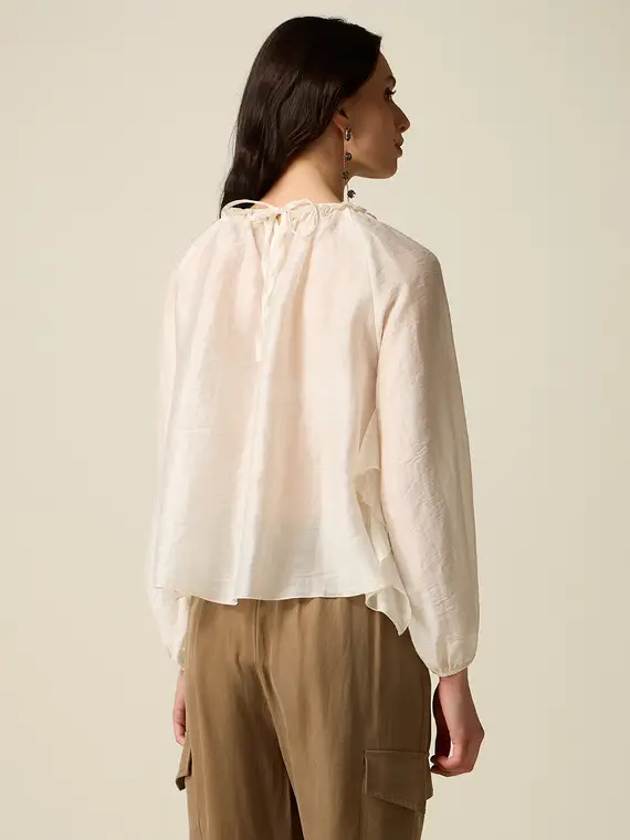 Blusa in voile misto lino con volants Donna, Bianco miniatura 2
