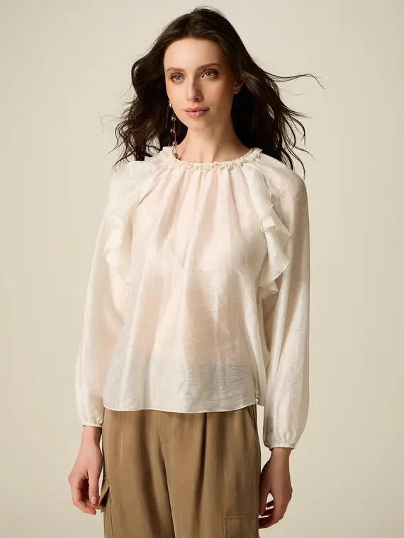 Blusa in voile misto lino con volants Donna, Bianco