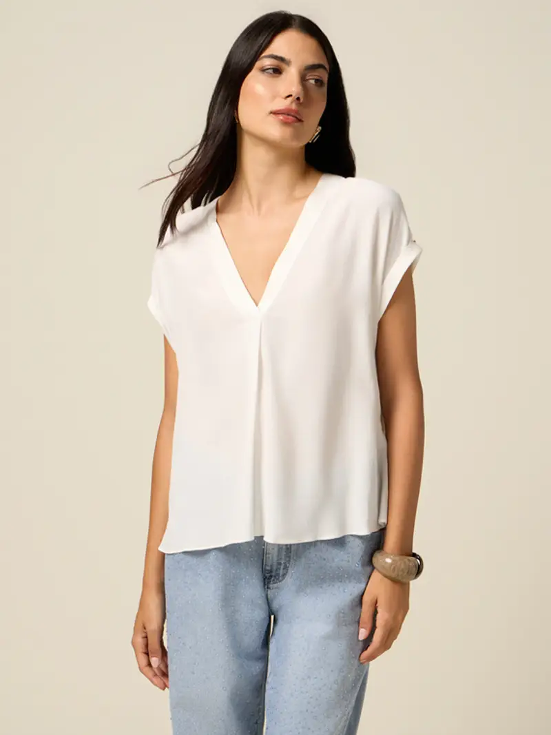 Oltre - Blusa scollo a V in viscosa Donna, Bianco Taglia: M