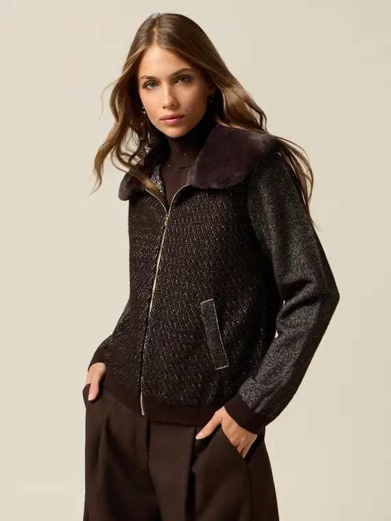 Bomber in maglia misto lana con colletto effetto peluche Donna