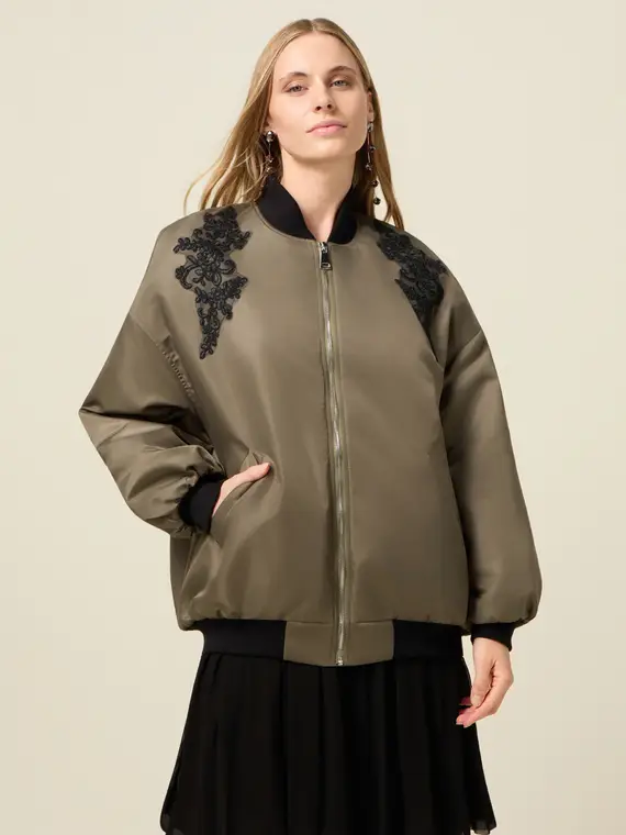 Bomber in raso con patch Donna, Verde militare