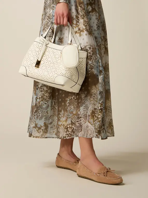 Borsa bauletto traforata con pouch Donna, Bianco
