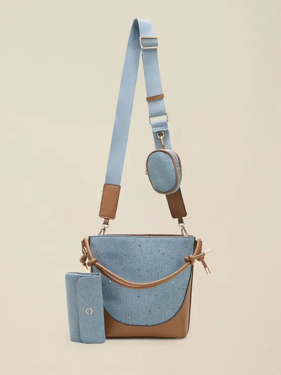 Borsa in denim con cristalli Donna, Azzurro miniatura 2