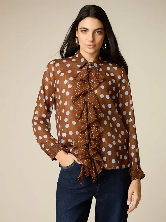 Camicia a pois con fiocco Donna, Marrone