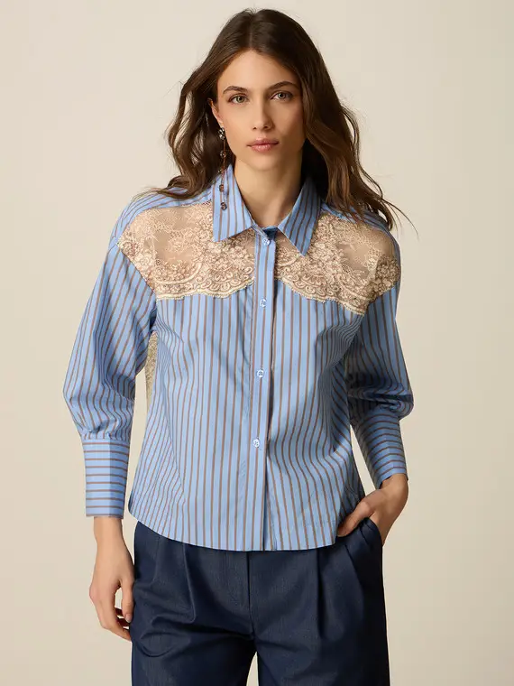 Camicia a righe con inserti in pizzo Donna, Azzurro
