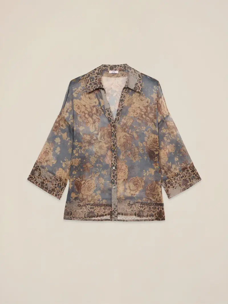 Camicia fantasia con maniche kimono Donna, Beige