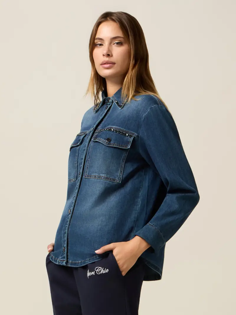 Oltre - Camicia giacca in denim con cristalli Donna, Taglia: S