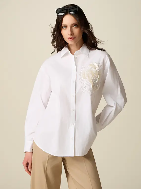 Camicia in cotone con ricamo floreale Donna, Bianco