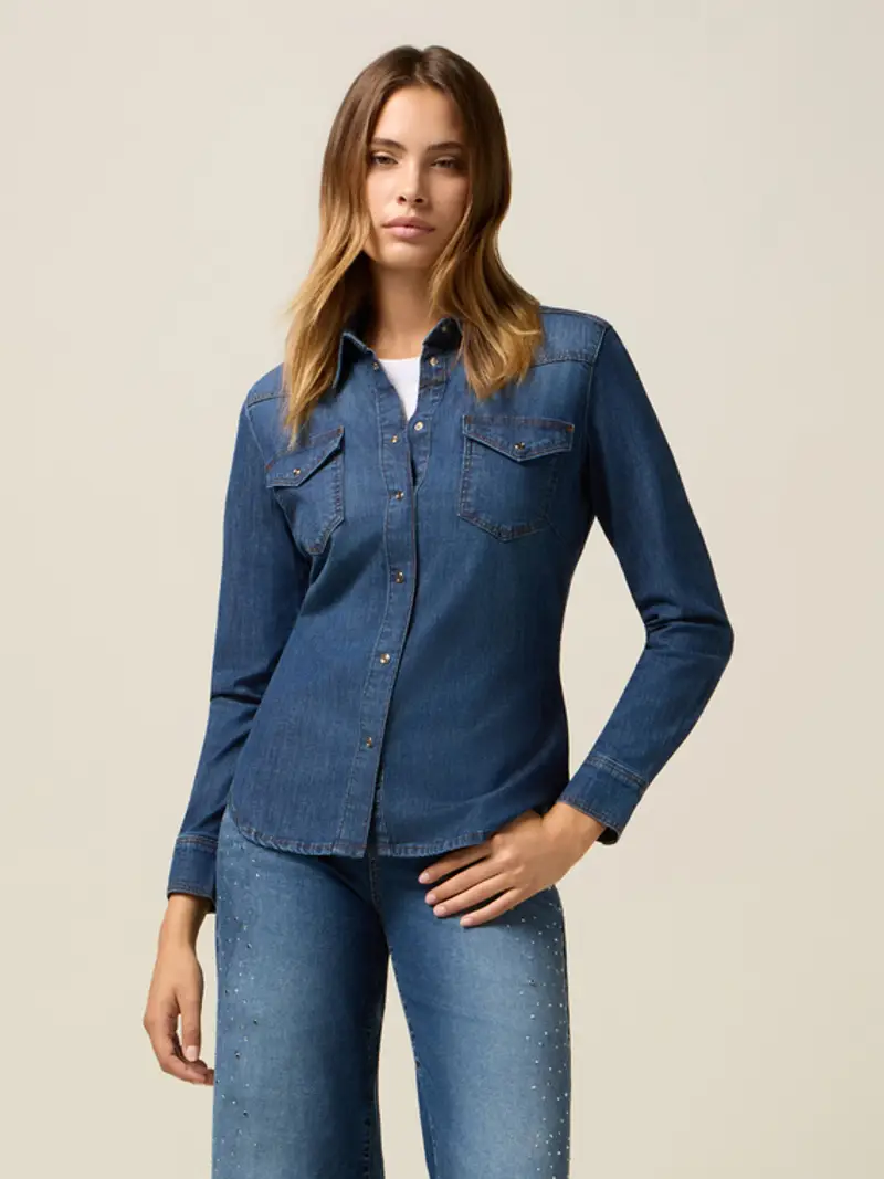Oltre - Camicia in denim stretch Donna, Blu Taglia: 40