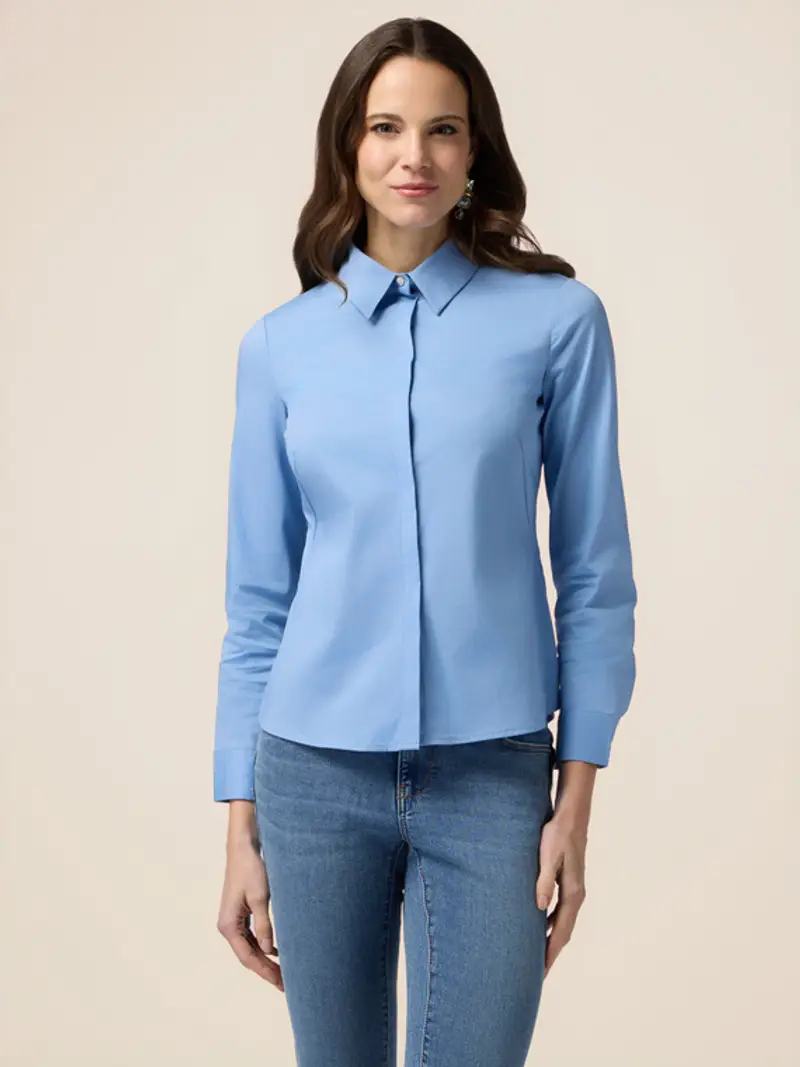 Oltre - Camicia in popeline con bottone gioiello Donna, Azzurro Taglia: 46