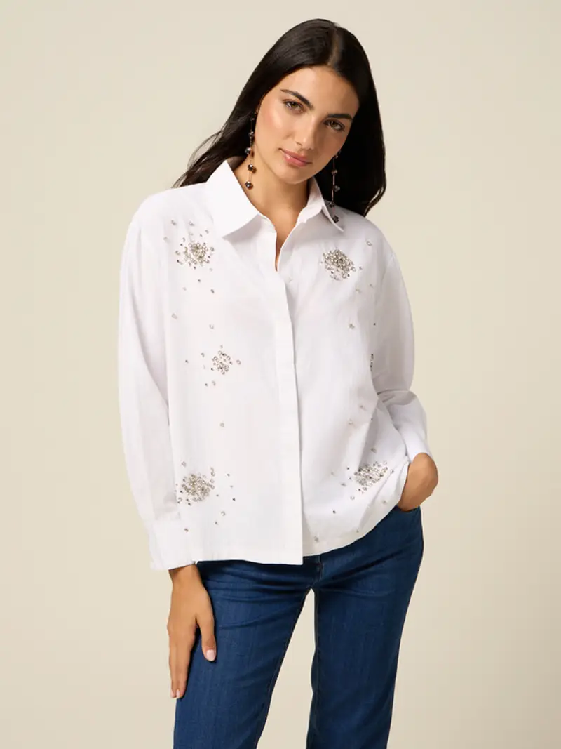 Oltre - Camicia in popeline con castoni Donna, Bianco Taglia: S