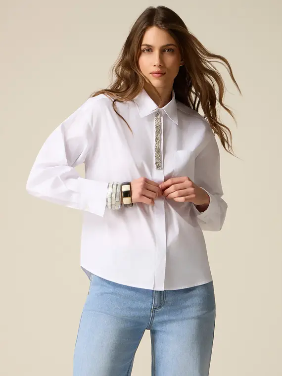 Camicia in popeline con ricamo gioiello Donna, Bianco