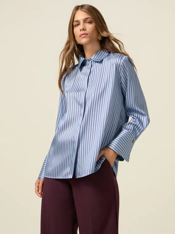 Camicia in raso a righe Donna, Azzurro miniatura 2