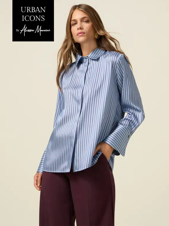 Camicia in raso a righe Donna, Azzurro