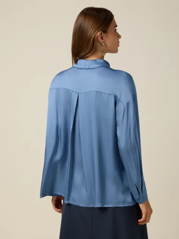 Camicia in raso con profili decorati Donna, Azzurro miniatura 2