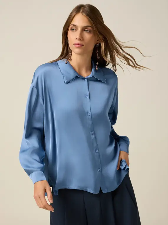 Camicia in raso con profili decorati Donna, Azzurro